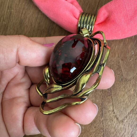 Artisan Made Pink Cloth Necklace with large Gold tone Ruby Red Pendant - Picture 5 of 7